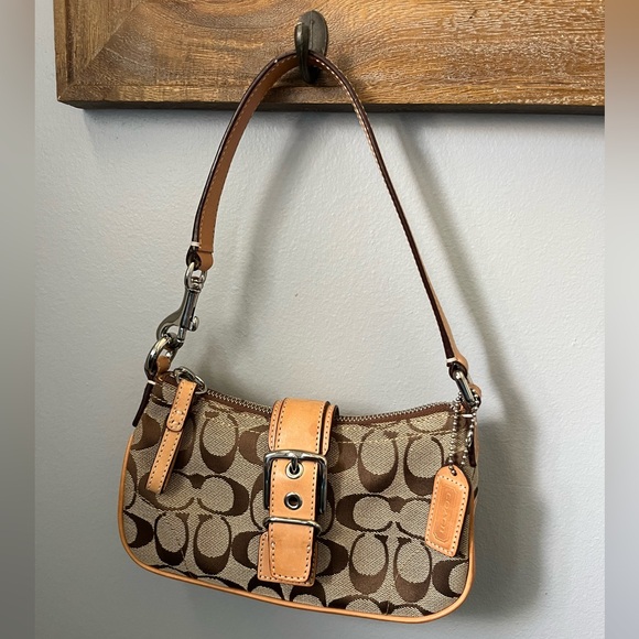 Coach 6362 Signature Demi Baguette – Small Shoulder Bag Purse Tan Leather Trim - Picture 1 of 16